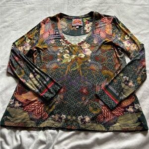 Johnny Was V- neck long sleeve T shirt. All over floral print. Long sleeve.